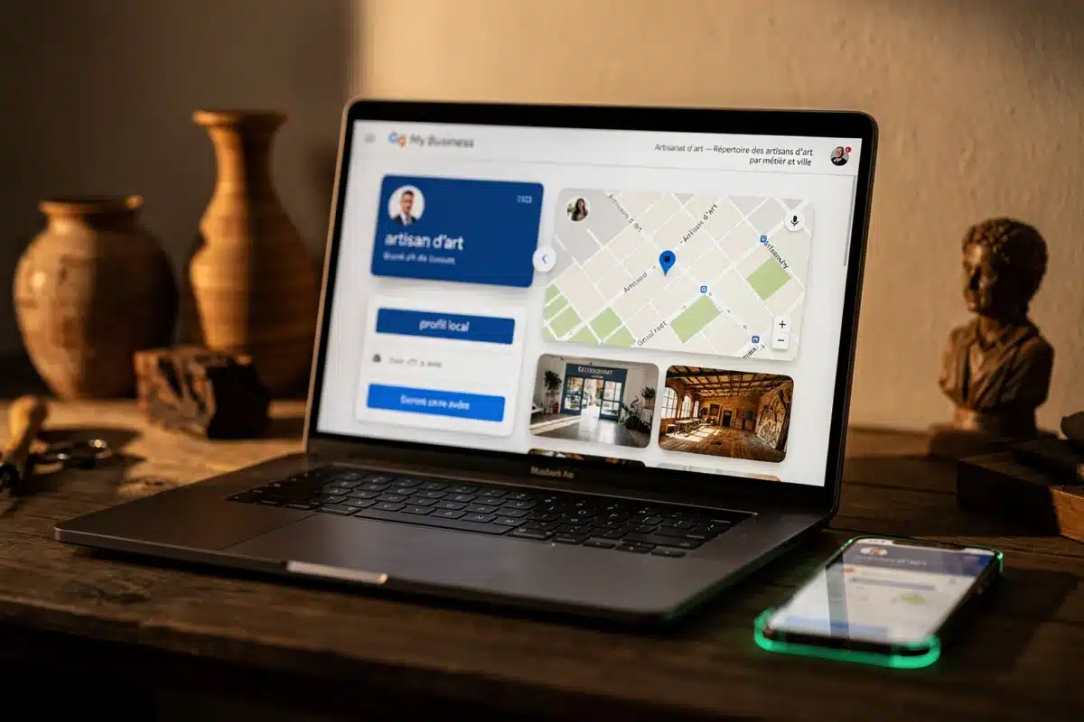 Optimiser Google local : fiche établissement, citations Optimiser Google local : fiche établissement, citations et avis — Illustration — visibilité en ligne — Artisanat d'