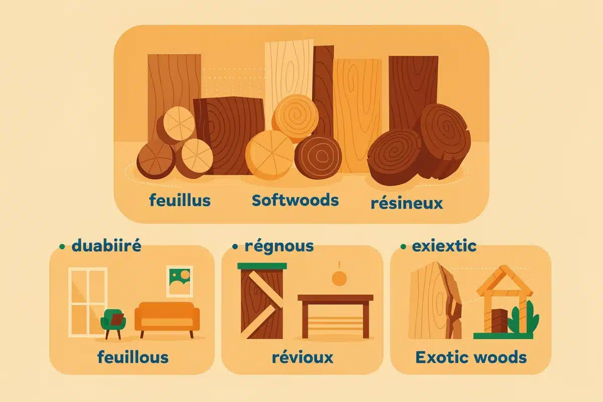 Classer les essences pour choisir plus vite (feuillus, Classer les essences pour choisir plus vite (feuillus, résineux, exotiques, durabilité, usage) — Illustration — essences