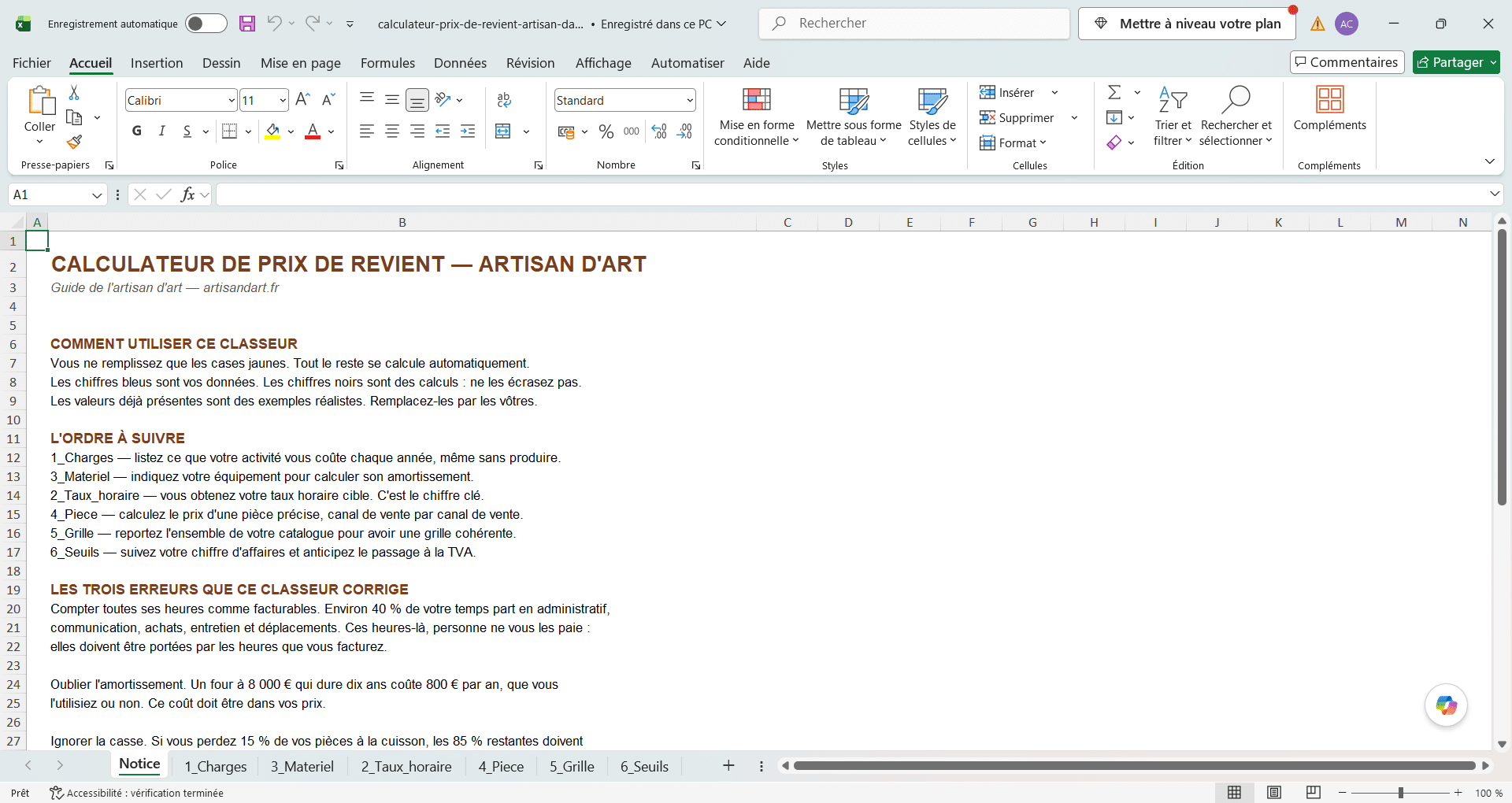 Calculateur de prix de revient - Artisanat d'art