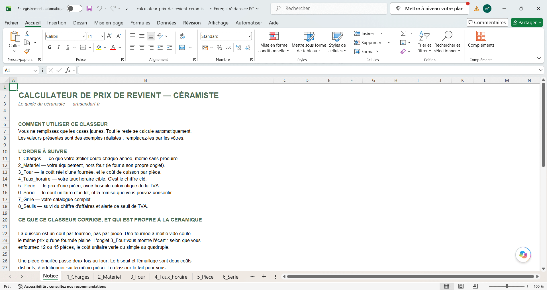 Calculateur de prix de revient - Artisanat d'art