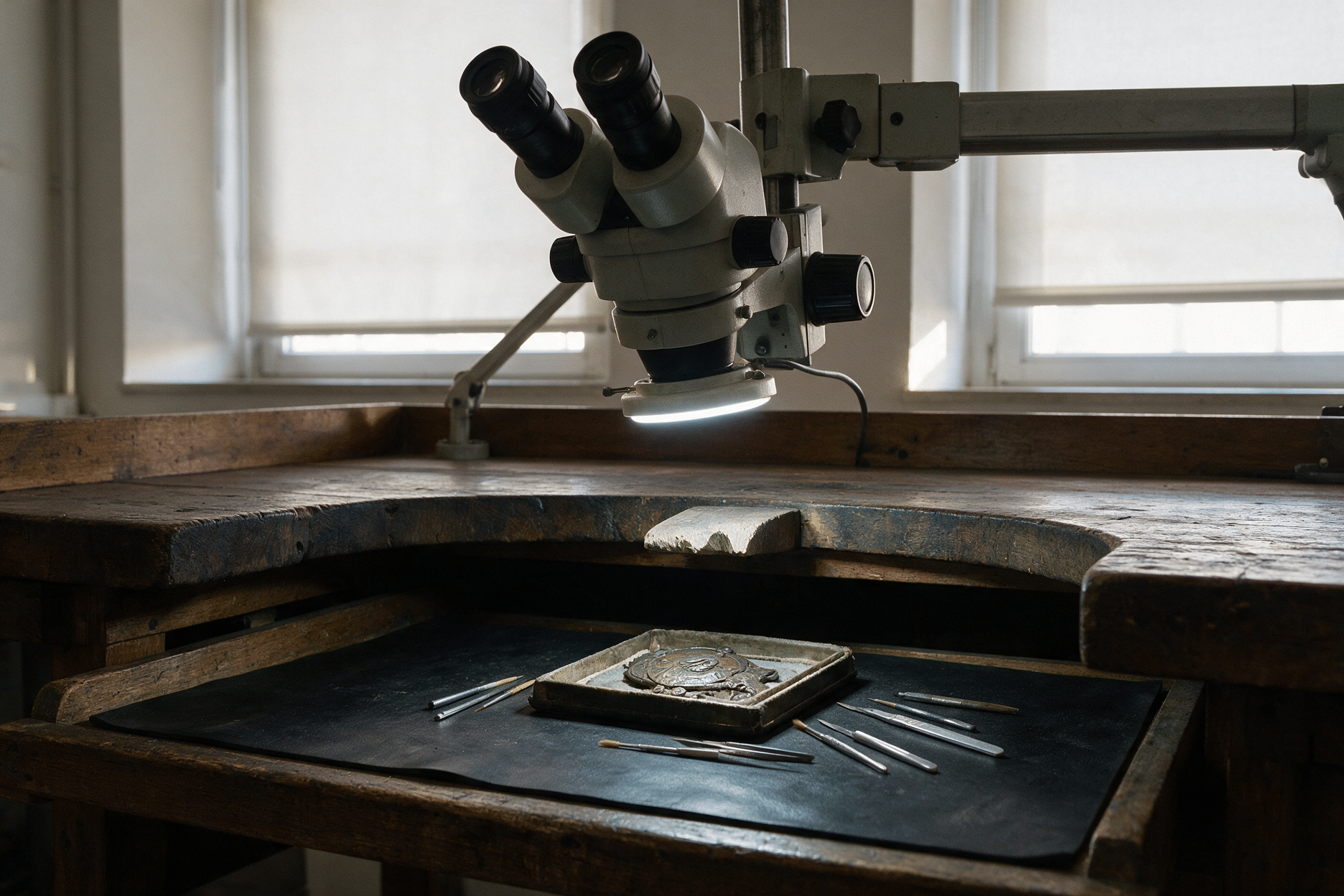 Établi d'atelier de conservation-restauration avec outils fins et loupe binoculaire