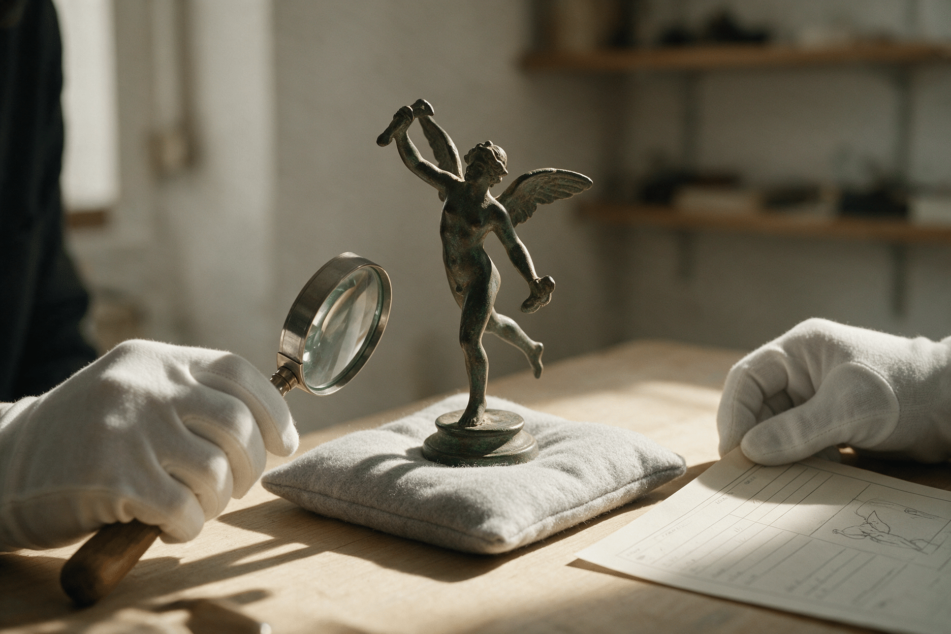 Mains gantées examinant une sculpture en bronze ancienne avec une loupe