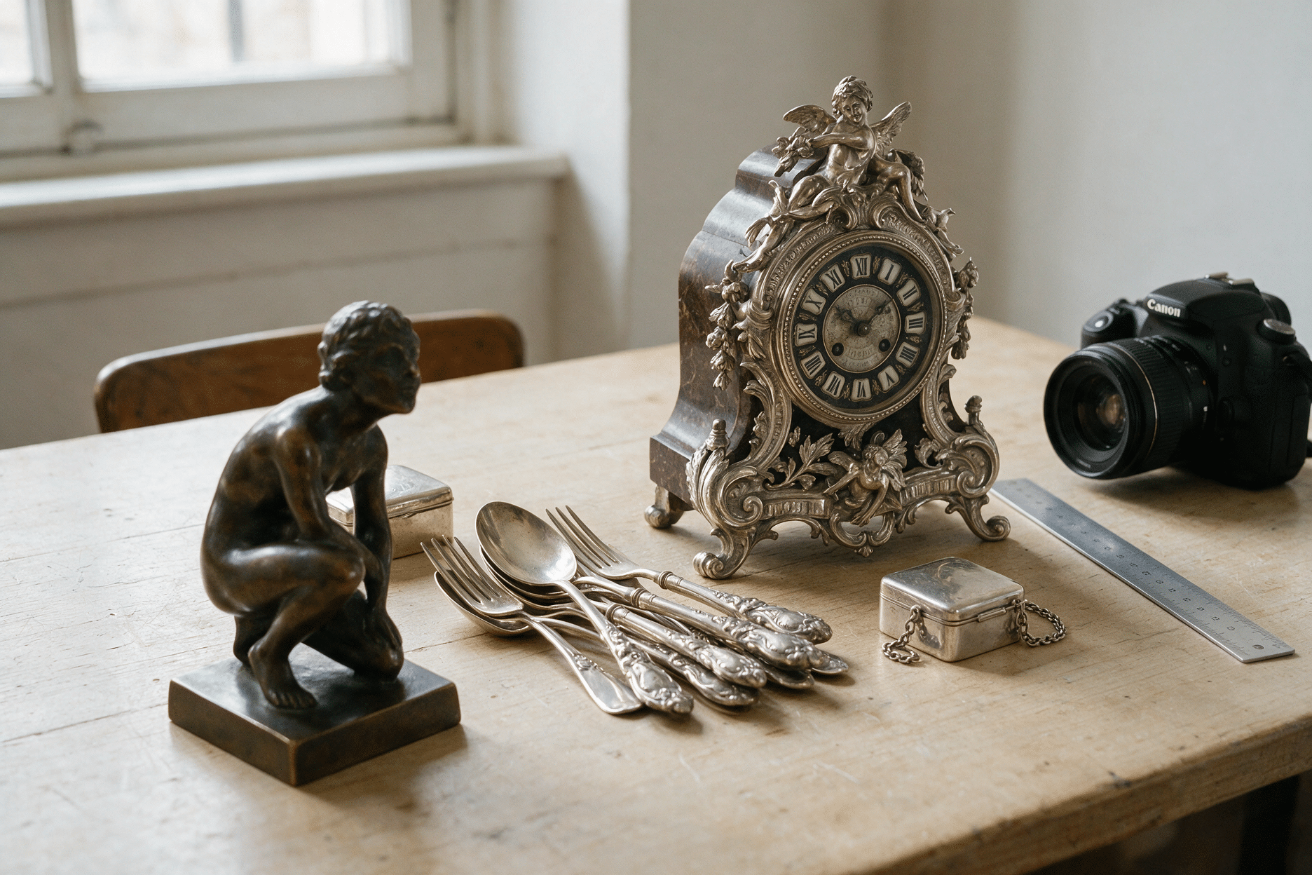 Objets anciens alignés sur une table, photographiés en vue d'une vente