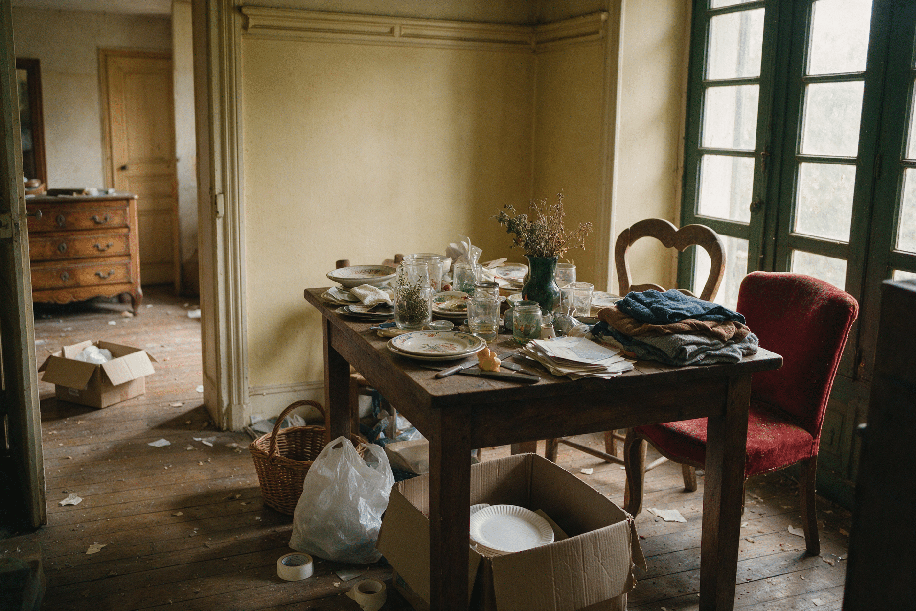Intérieur de maison de famille ancienne en cours d'être vidé, cartons et objets sur la table