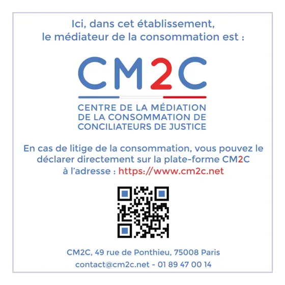 Conditions générales de vente - - Artisanat d'art Affichette du médiateur de la consommation CM2C : en cas de litige, saisine sur www.cm2c.net